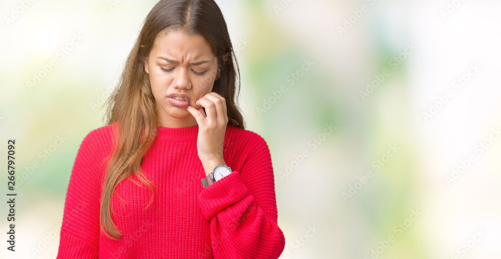 Young beautiful brunette woman wearing red winter sweater over isolated background touching mouth with hand with painful expression because of toothache or dental illness on teeth. Dentist concept. Young beautiful brunette woman wearing red winter sweater over isolated background touching mouth with hand with painful expression because of toothache or dental illness on teeth. Dentist concept.