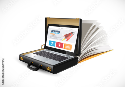 Business suitcase - finance concept - lbusinessman laptop and website