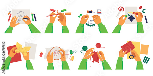 Set of person hands making diy crafts of various creative hobbies cartoon style