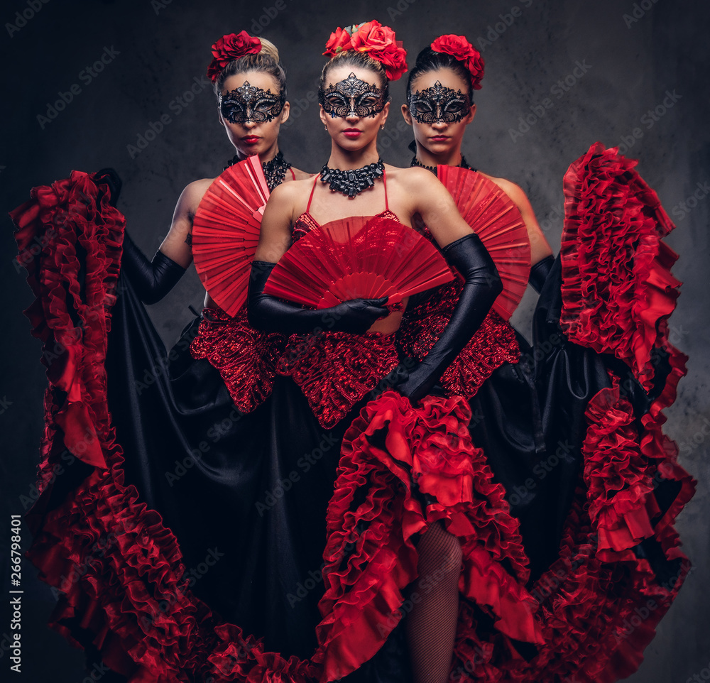 Flamenco spanish seductive dancers wearing traditional costume. Isolated on a dark background. - obrazy, fototapety, plakaty 