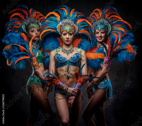 Studio portrait of a group professional dancers female in colorful sumptuous carnival feather suits. Isolated on a dark background.