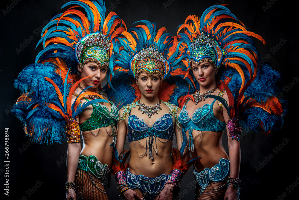 Electrónico Por qué no necesario Portrait of a group sexy dancers female in colorful sumptuous carnival  feather suits. Isolated on a dark background. foto de Stock | Adobe Stock