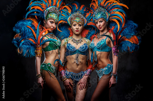 Portrait of a group sexy dancers female in colorful sumptuous carnival feather suits. Isolated on a dark background.