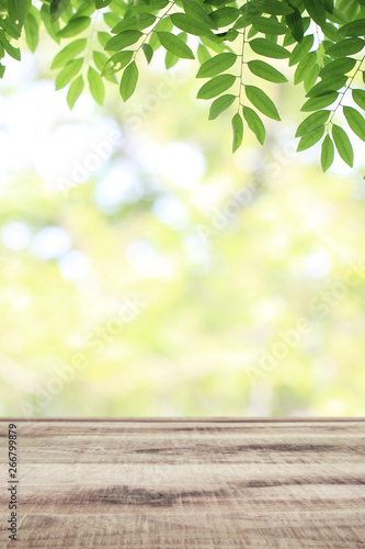 Wooden table and blurred green nature garden background.