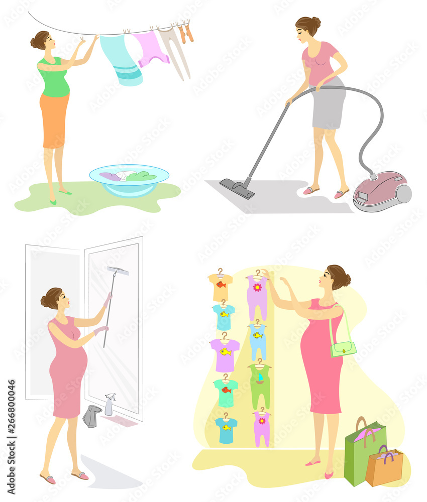 Collection. Profile of a cute pregnant lady. Clean the room with a