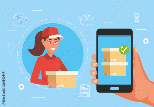 woman delivery with box and hand with smartphone package service