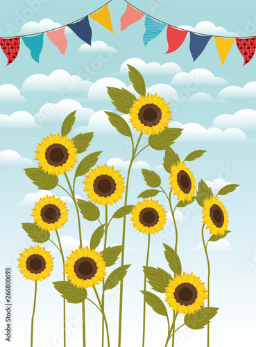beautiful sunflowers garden and garlands scene