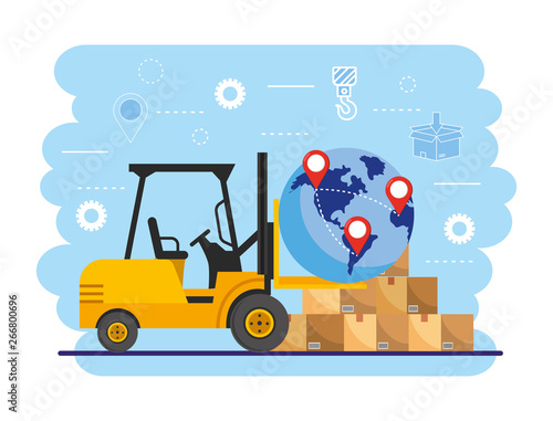 forklift with global map location and boxes package