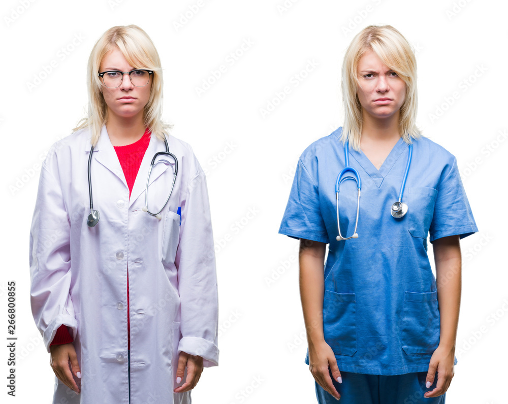 Collage of doctor and nurse woman over white isolated background skeptic and nervous, frowning upset because of problem. Negative person. Collage of doctor and nurse woman over white isolated background skeptic and nervous, frowning upset because of problem. Negative person.