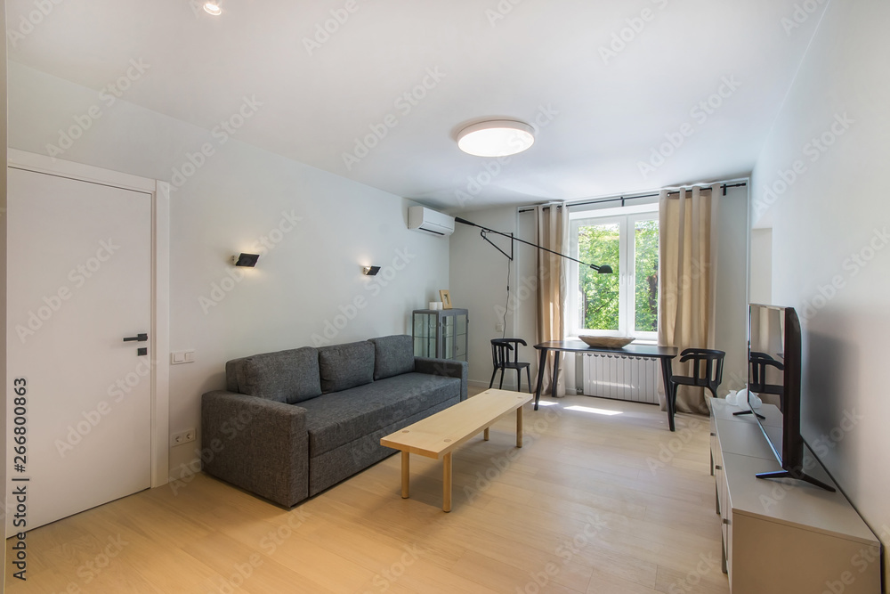 Fototapeta premium Living room interior with comfortable sofa, small table, white walls and window view in a small modern apartment
