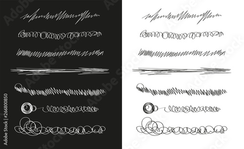Hand drawn set of lines.Marker line divider, handmade pencil strokes brush and drawing dividers.Curve frame, decoration borders or floral ornament ink dividing isolated elements.Vector illustration. 