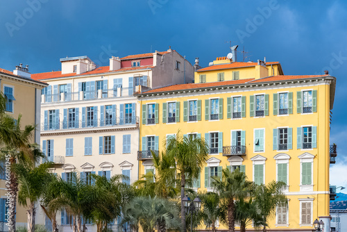 Nice in France, building yard with typical colorful facades in the old town, French Riviera 