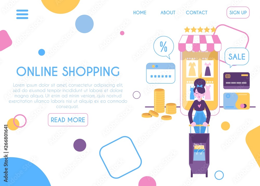 Web design template of online mobile shopping page flat cartoon style Web design template of online mobile shopping page flat cartoon style