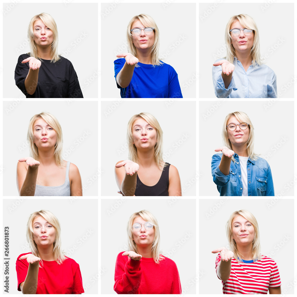 Collage of beautiful blonde woman wearing differents casual looks over isolated background looking at the camera blowing a kiss with hand on air being lovely and sexy. Love expression. Collage of beautiful blonde woman wearing differents casual looks over isolated background looking at the camera blowing a kiss with hand on air being lovely and sexy. Love expression.