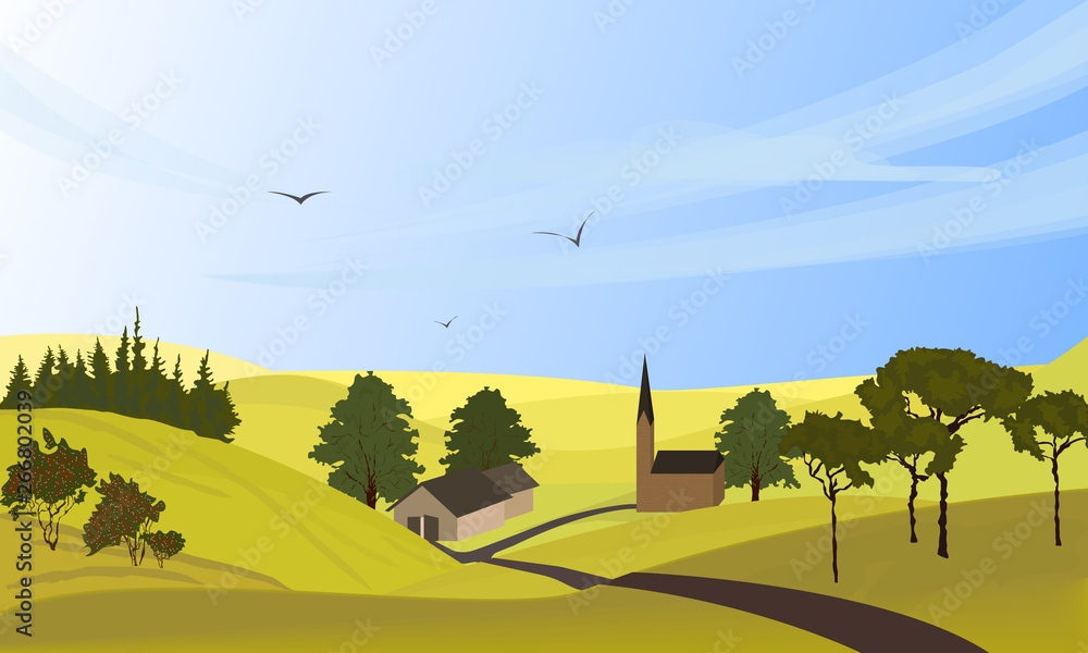 Country landscape. Freehand drawn cartoon outdoors style. Farm houses,  winding road on meadows, green fields. Sunny day, blue sky, hills. Vector  village countryside scene background Stock Vector | Adobe Stock