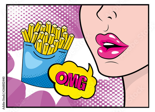 woman with french fries and omg pop art message