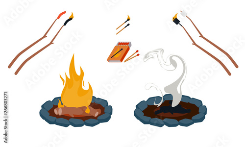 Campfire Vector Illustration Set Matches Extinguished Fire Pit Roasting Sticks