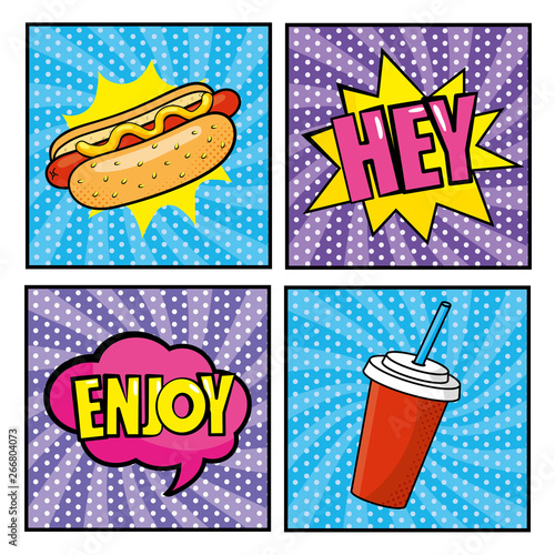 set hot dog with pop art messages and plastic soda cup