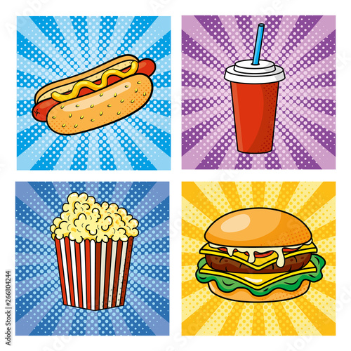 set of pop art fastfood how hot dog with soda and hamburger