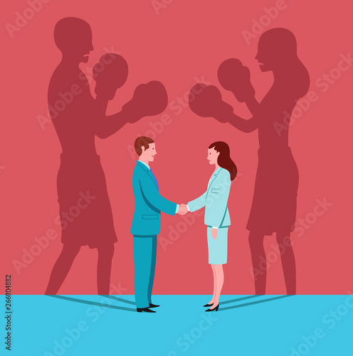 Business woman and man shake hands in workplace while their shadows face each other like boxers. Conceptual illustration representing hypocrisy