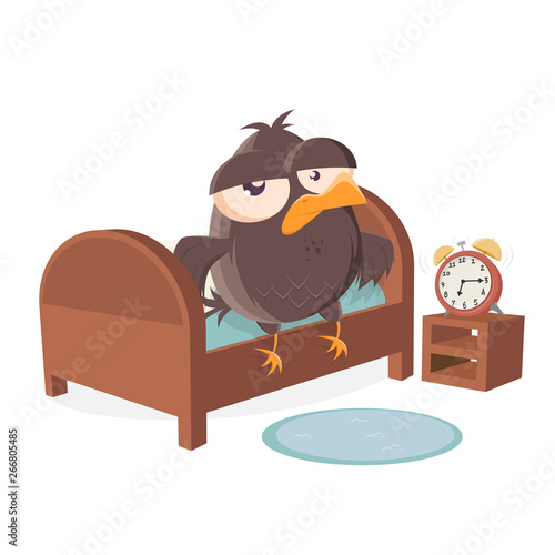 sleepy cartoon bird is getting out of bed