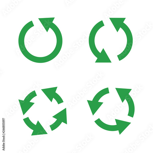 Green reusable arrow icons, eco recycle or recycling vector signs isolated on white background