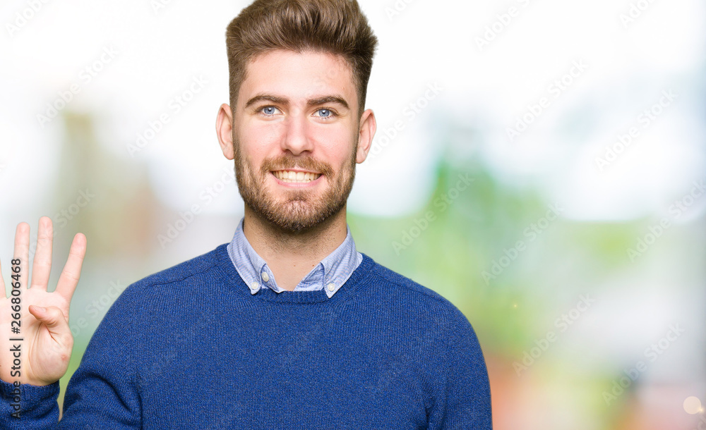 Young handsome bussines man showing and pointing up with fingers number four while smiling confident and happy. Young handsome bussines man showing and pointing up with fingers number four while smiling confident and happy.