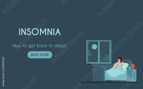 Vector unhappy woman with insomnia in bed
