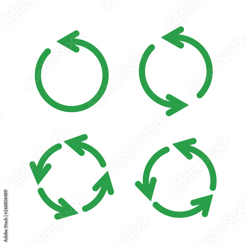 Green reusable arrow icons, eco recycle or recycling vector signs isolated on white background