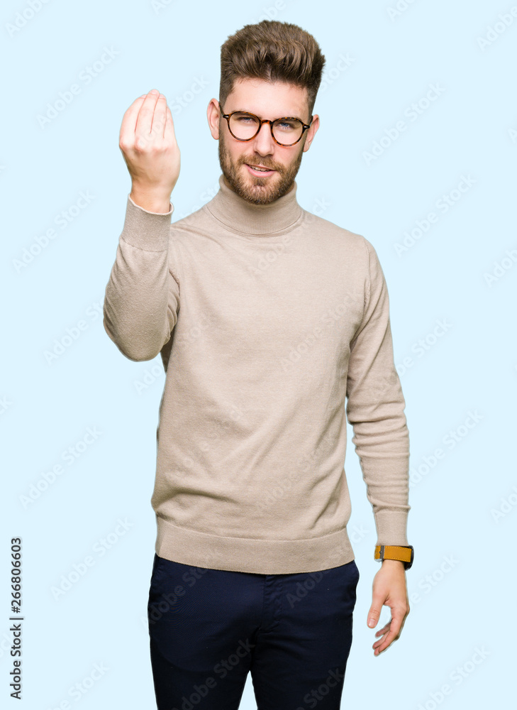 Young handsome business man wearing glasses Doing Italian gesture with hand and fingers confident expression Young handsome business man wearing glasses Doing Italian gesture with hand and fingers confident expression