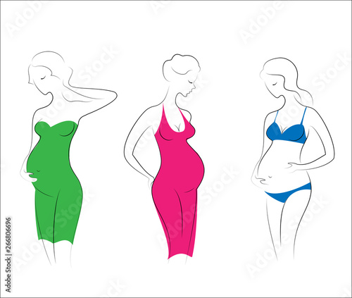 Silhouettes of three pregnant ladies. Young girls stand in different poses. Women are dressed in dresses and a swimsuit. Vector illustration
