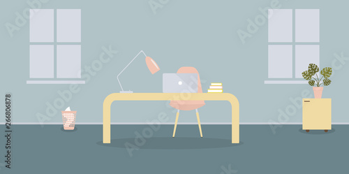 Interior of working place in the modern office in scandinavian style.Two windows.Vector illustration. Furniture table  chair  table lamp books monstera bin. For advertising sites