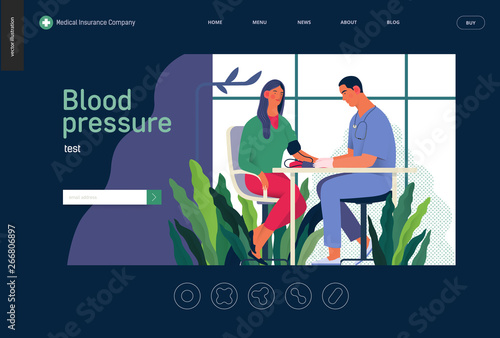 Medical tests template - blood pressure test - modern flat vector concept digital illustration of blood pressure measurement procedure - a patient and doctor with a meter, medical office or laboratory
