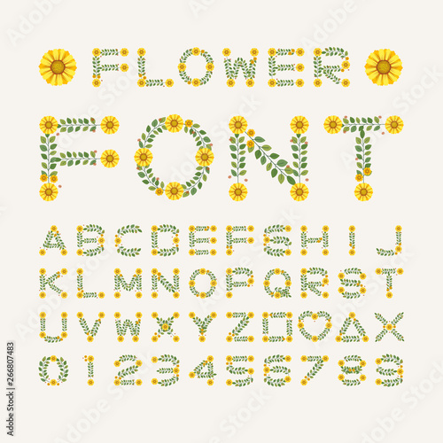 Isolated yellow flower font alphabet character with number and symbol, Vector floral wreath ivy style with branch and leaves.