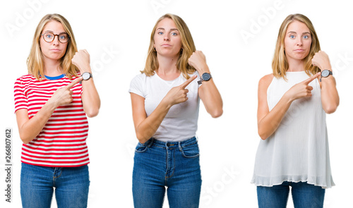 Collage of beautiful blonde woman over white isolated background In hurry pointing to watch time, impatience, upset and angry for deadline delay