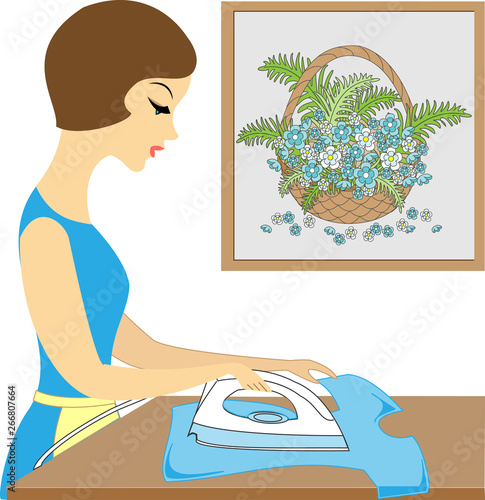 Profile of a beautiful lady. Cute girl ironing clothes. She is a caring hostess. Vector illustration