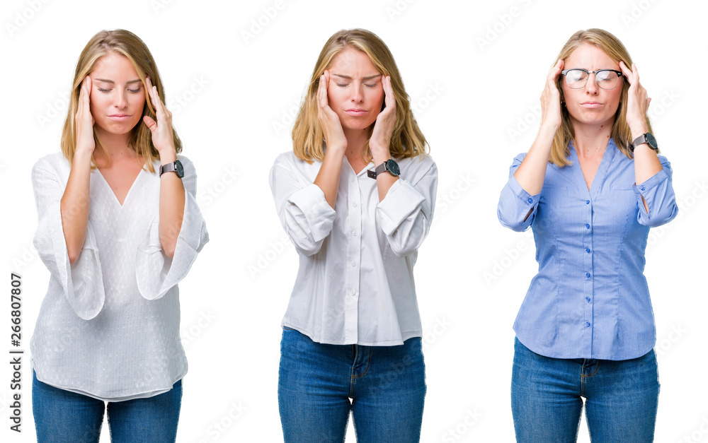 Collage of beautiful blonde business woman over white isolated background with hand on head for pain in head because stress. Suffering migraine.