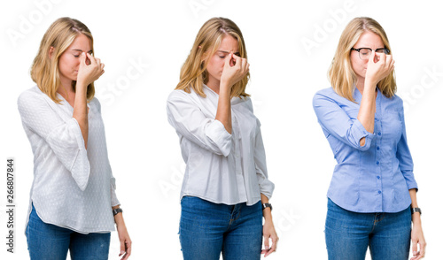 Collage of beautiful blonde business woman over white isolated background tired rubbing nose and eyes feeling fatigue and headache. Stress and frustration concept.