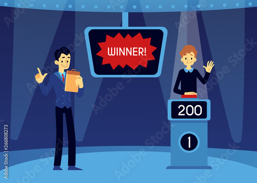 Vector happy man pushing button on quiz tv show