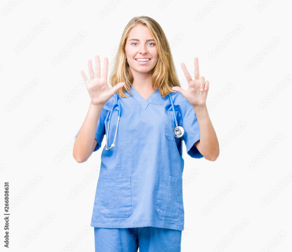 Beautiful young doctor woman wearing medical uniform over isolated background showing and pointing up with fingers number eight while smiling confident and happy. Beautiful young doctor woman wearing medical uniform over isolated background showing and pointing up with fingers number eight while smiling confident and happy.