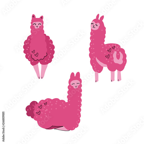 Cute llama set for design. Tree alpacas. Childish print for t-shirt, apparel, cards and nursery decoration. Vector Illustration in flat hand drawn style on white background. Front, back, side views.