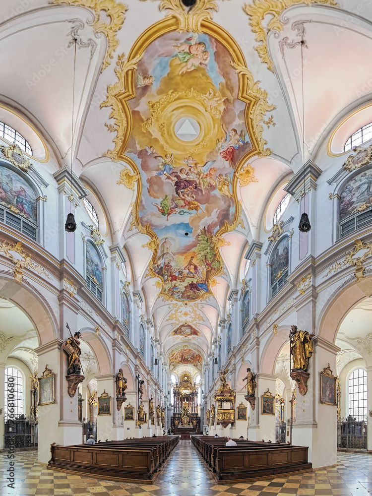 Panorama of interior of St. Peter's Church (Alter Peter) in Munich, Germany. This is the oldest church in the city. The present Late Baroque interior was created in the 18th century.