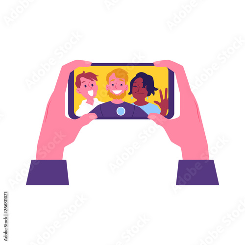 Vector flat cheerful friend making selfie together