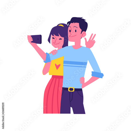Vector flat happy couple selfie in phone screen