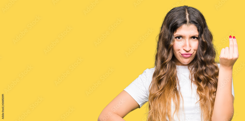 Young beautiful woman wearing casual white t-shirt Doing Italian gesture with hand and fingers confident expression Young beautiful woman wearing casual white t-shirt Doing Italian gesture with hand and fingers confident expression