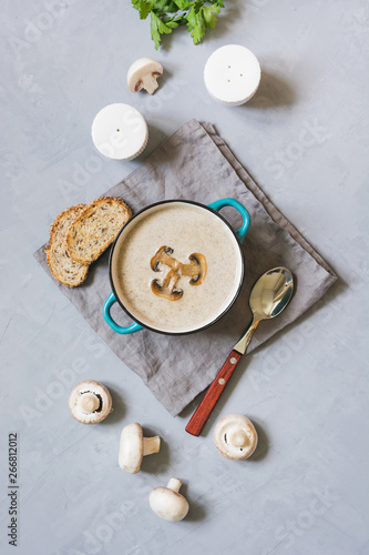 Delicious mushroom champignon soup with toast on grey concrete table. View from above.