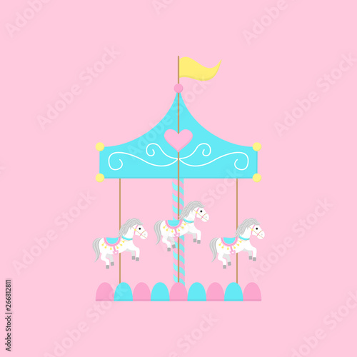 Merry go round, carousel with white horses, vector graphic illustration icon. Isolated on light pink background.