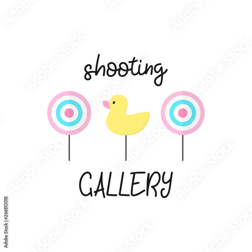Cute shooting gallery vector graphic illustration with writing. Classic targets and duck. Isolated.