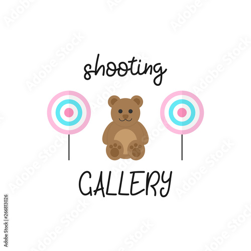Cute shooting gallery vector graphic illustration with writing. Classic targets and teddy bear, win price. Isolated.