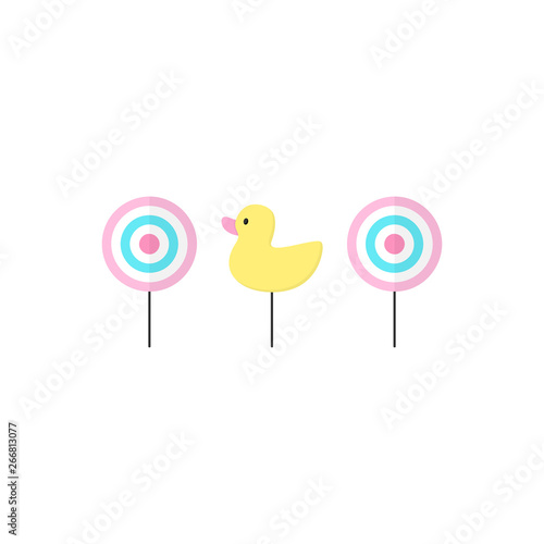 Cute shooting gallery vector graphic illustration icons. Classic targets and duck. Isolated.